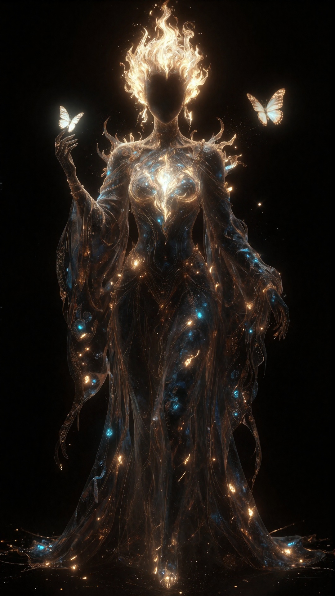 This is a digital artwork depicting a mysterious,  ethereal figure with a glowing,  flame-like head and a faceless on Tens...