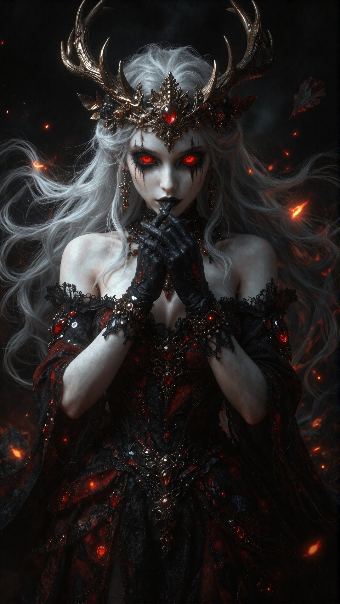 This is a digital fantasy artwork featuring a dark,  mystical female figure with pale,  almost white skin and long on Tens...