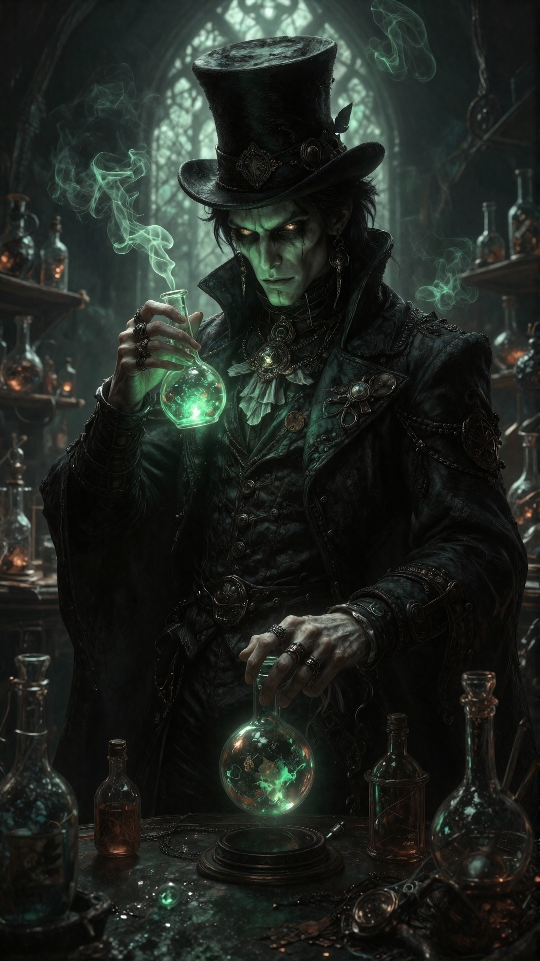 This digital artwork depicts a dark,  Gothic-style alchemist in a dimly lit laboratory. The alchemist,  a pale male with s...