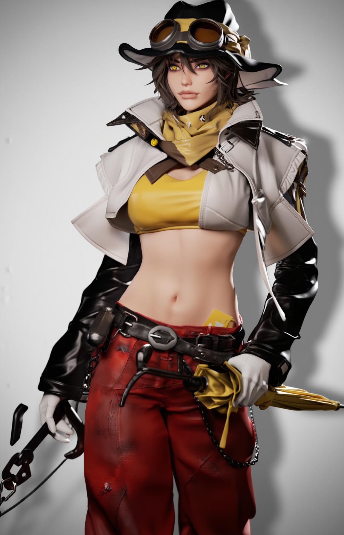 This is a highly detailed CGI rendering of a female character with a distinct aesthetic. hat. goggles. She stands confiden...