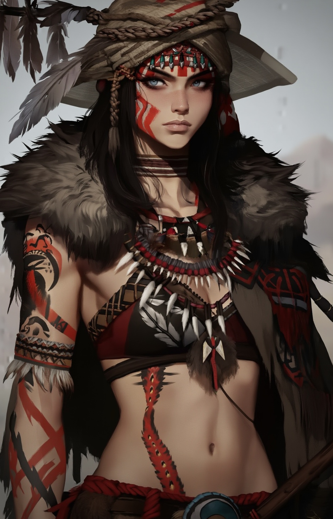 A digital art piece depicting a fierce,  tattooed woman with a stern expression,  wearing tribal attire and adorned with r...