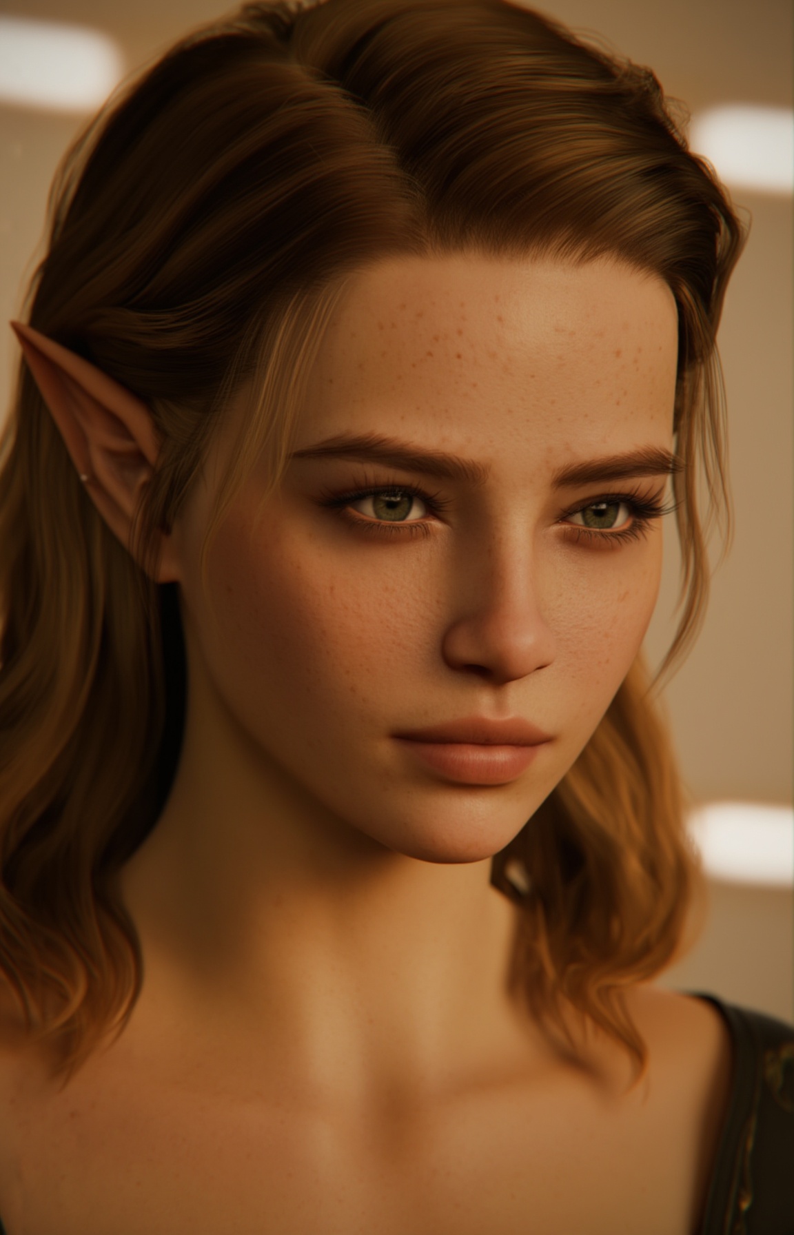 A hyper-realistic CGI rendering of a young,  elf-like woman with pale skin,  pointed ears on Tensor.Art