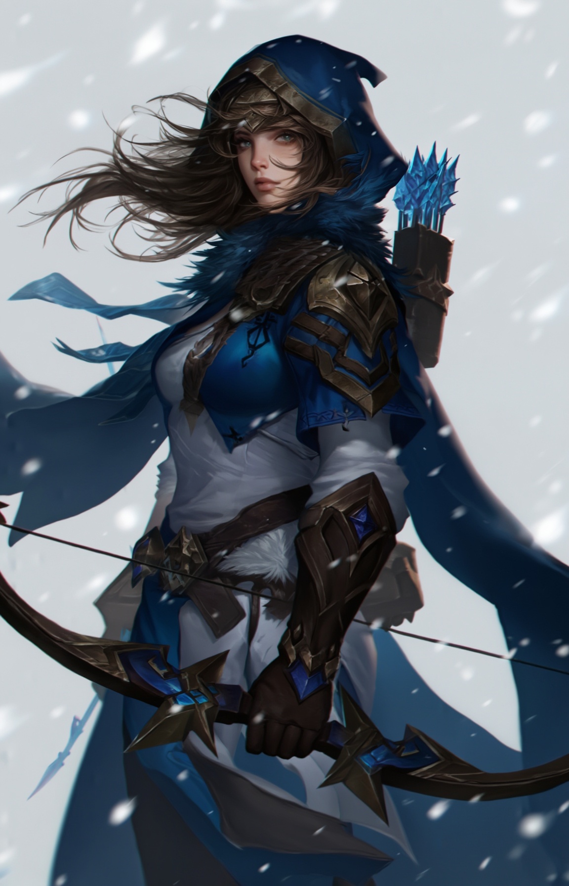 Digital fantasy artwork featuring a fierce female archer in snowfall. She has long,  flowing brown hair,  wears a blue on...