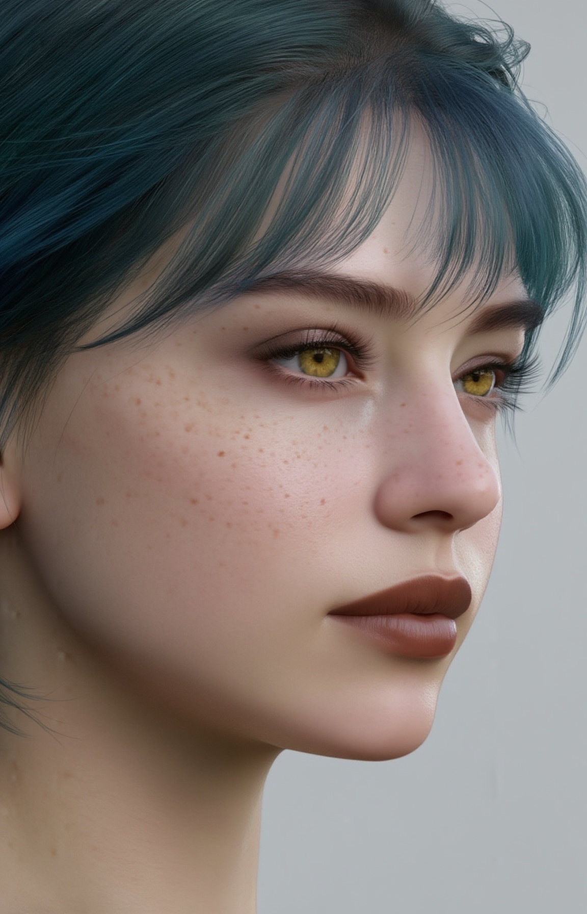 Photorealistic digital portrait of a young woman with fair skin,  freckles,  and blue-green hair. She has striking yellow...