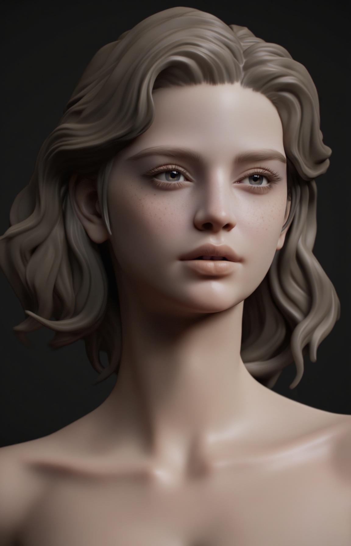 This is a hyper-realistic CGI rendering of a woman with a classical,  marble-like texture to her skin. She has wavy,  shou...