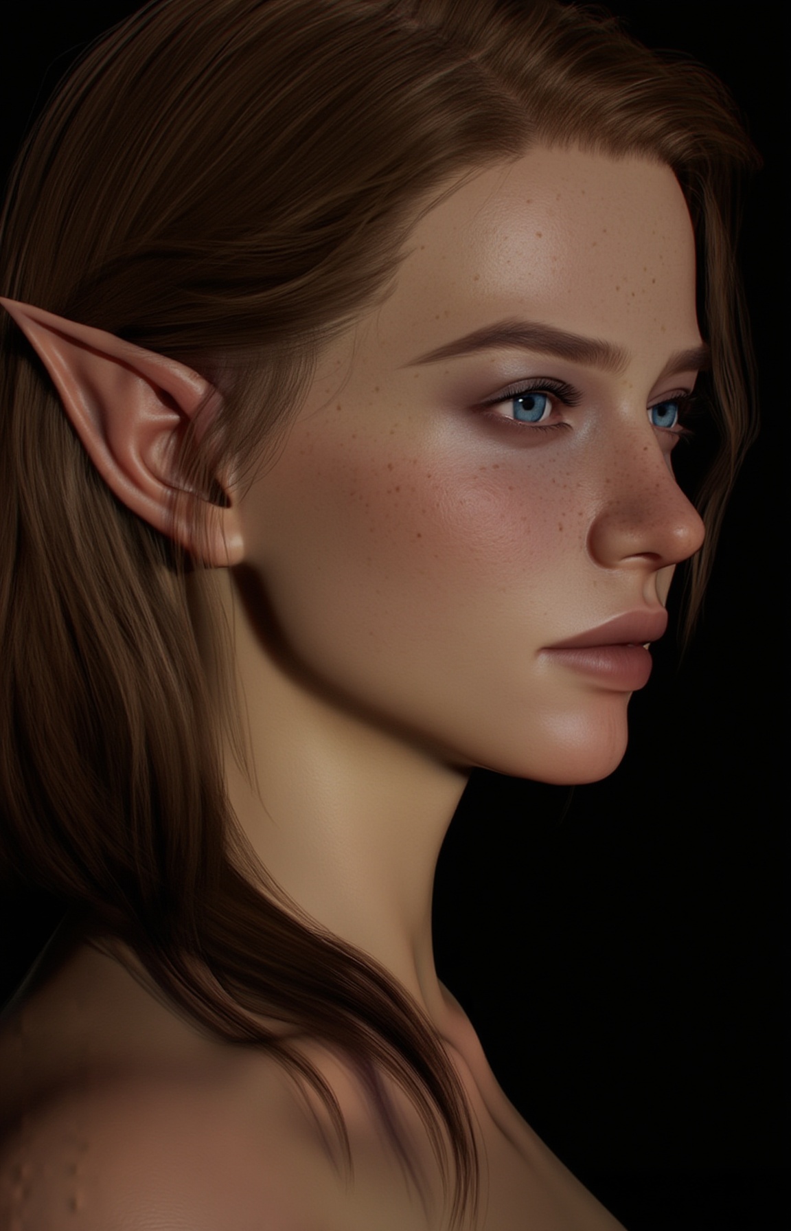 A hyper-realistic CGI image of a young woman with fair skin and striking blue eyes,  featuring delicate,  pointed ears. He...