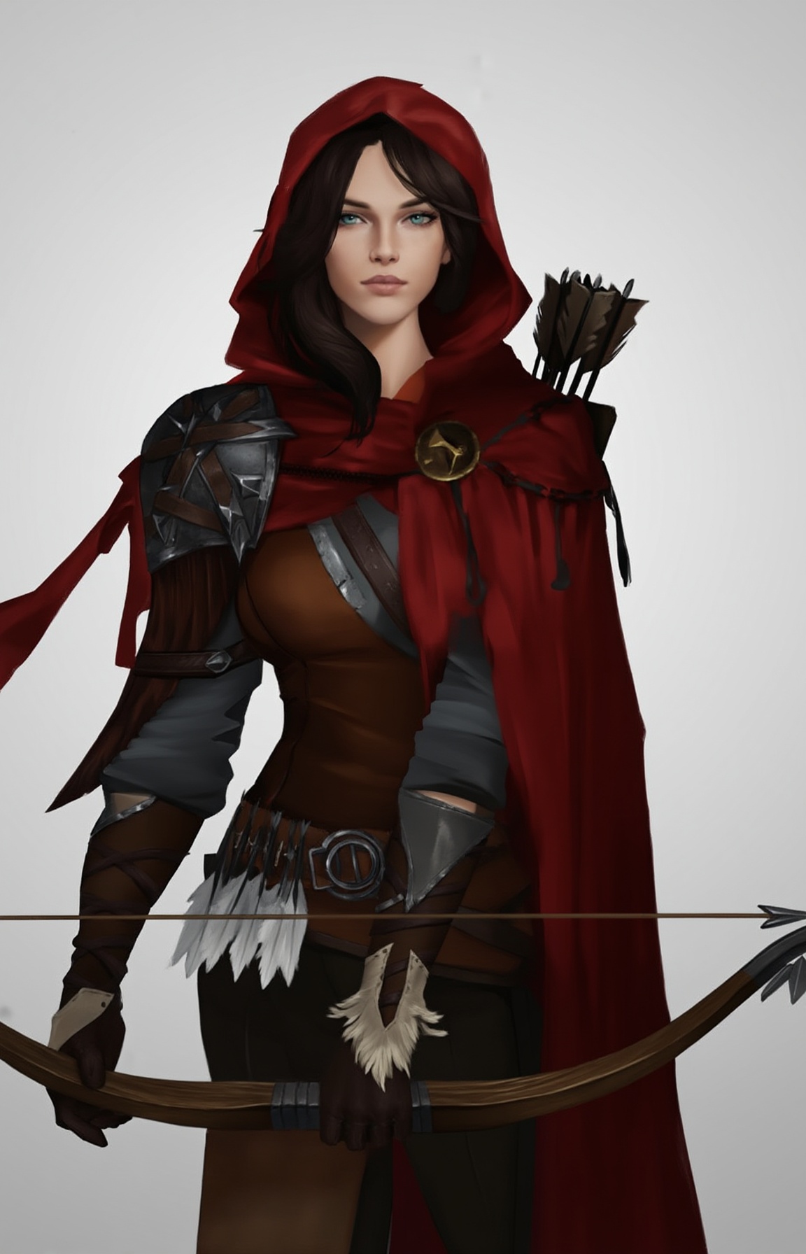 A digital artwork featuring a serious,  woman with dark hair,  dressed in medieval attire with a red cape and brown leathe...