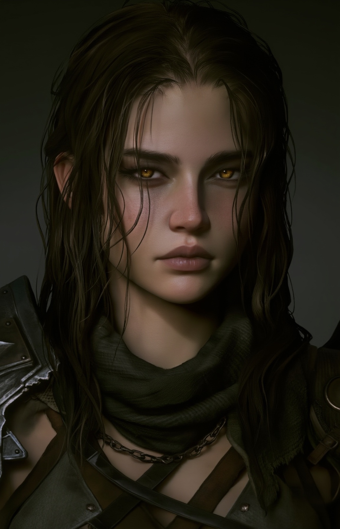 A hyper-realistic digital artwork of a young woman with wet,  dark brown hair and intense,  golden eyes. She wears a rugge...