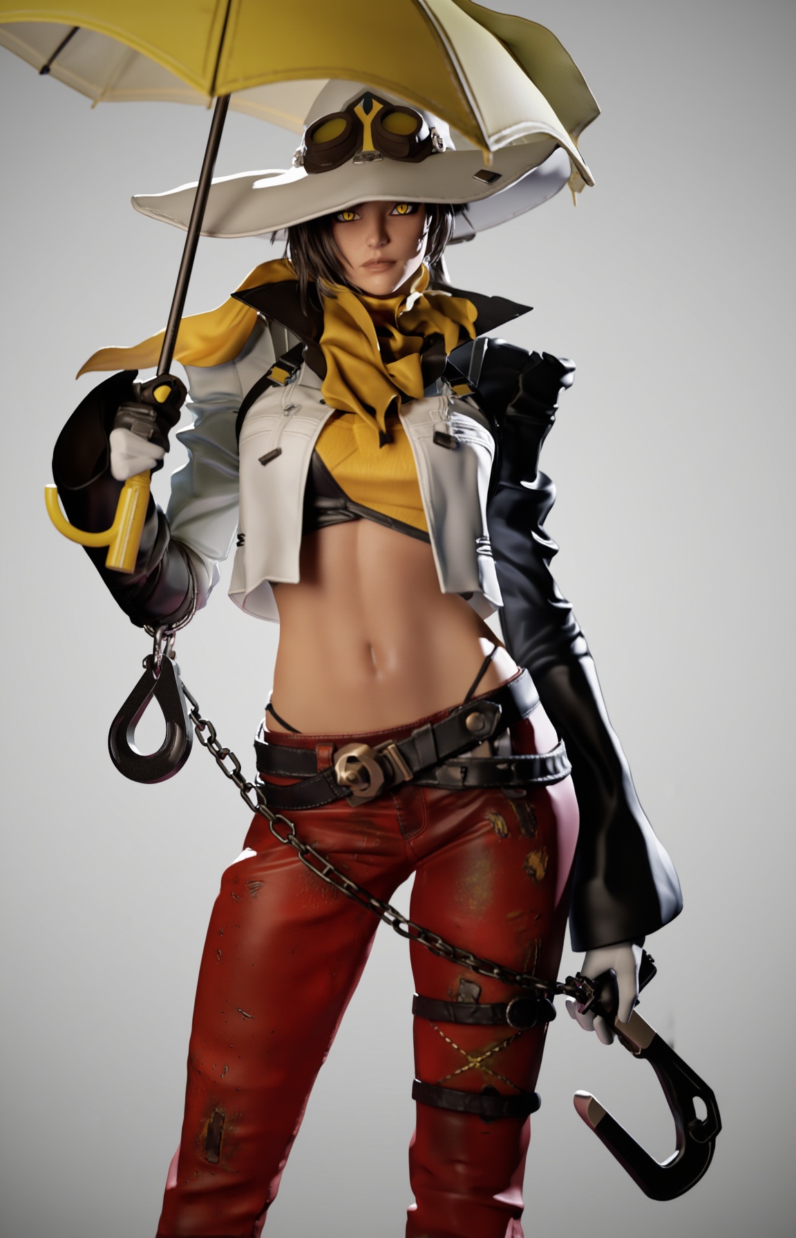 This is a highly detailed CGI rendering of a female character with a distinct aesthetic. hat. goggles. She stands confiden...
