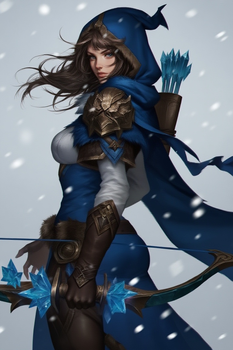 Digital fantasy artwork featuring a fierce female archer in snowfall. She has long,  flowing brown hair,  wears a blue on...