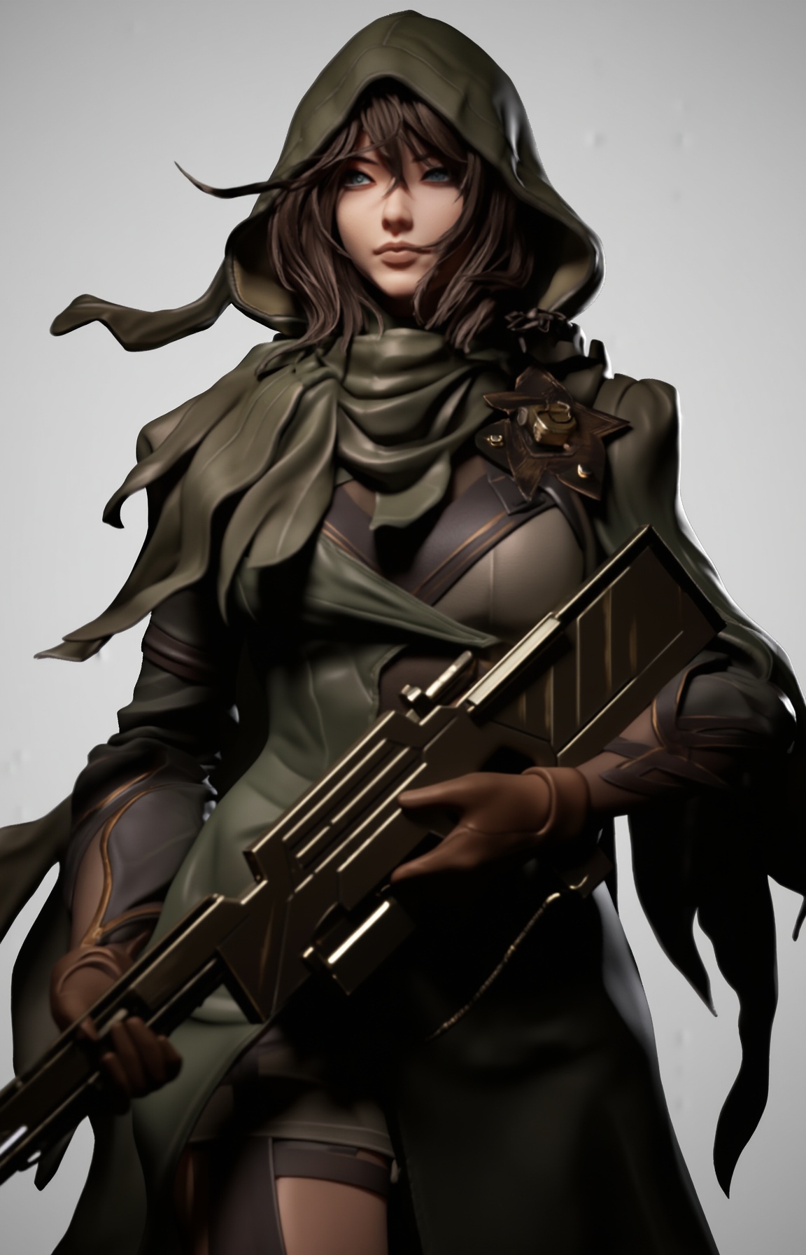 A highly detailed CGI artwork of a woman in a green,  hooded military outfit,  holding a futuristic rifle. She has brown h...
