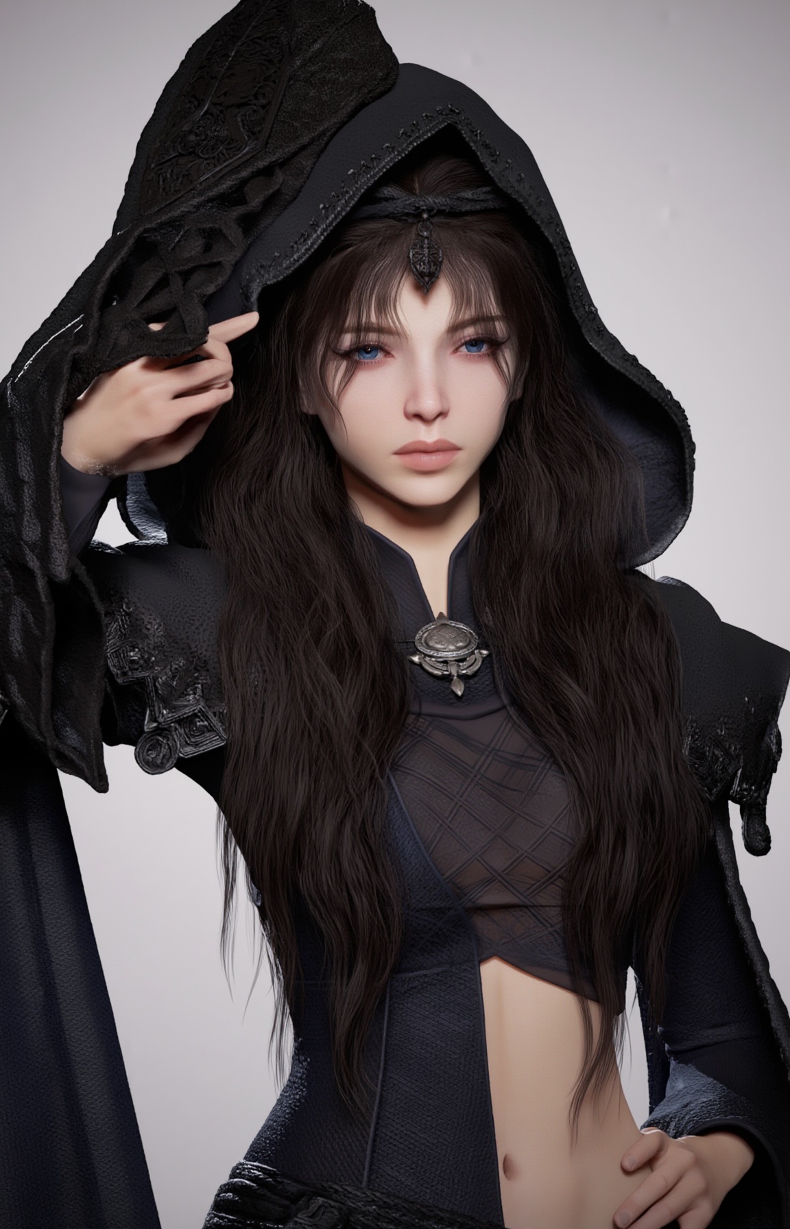 A hyper-realistic digital rendering of a young woman with pale skin and long,  dark brown hair,  wearing a black on Tensor...
