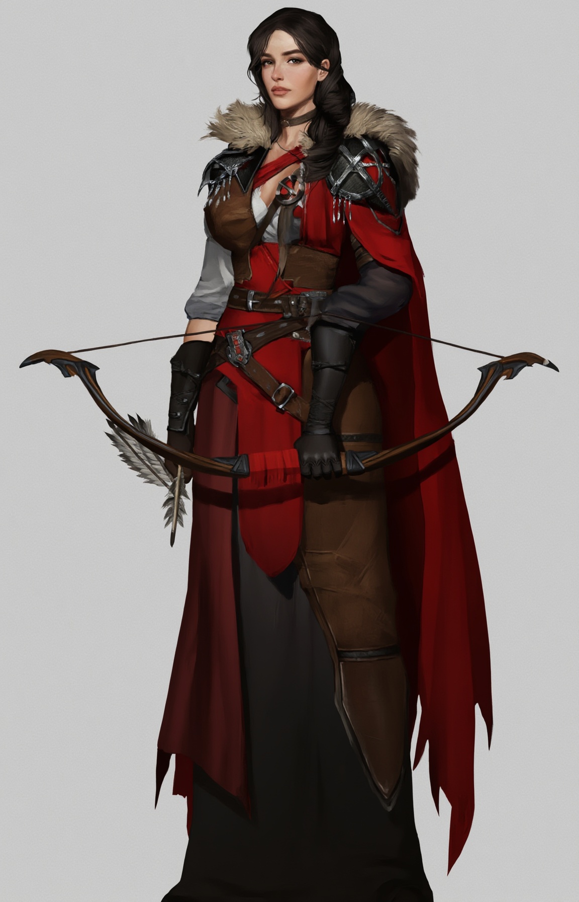 A digital artwork featuring a woman with dark hair,  dressed in medieval attire with a red cape and brown leather armor,...