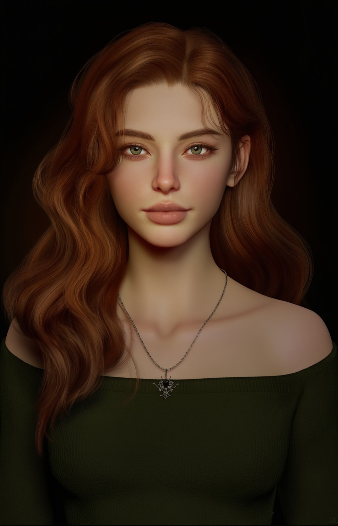 This is a highly detailed digital rendering of a young woman with long,  wavy,  auburn hair cascading over her shoulders....