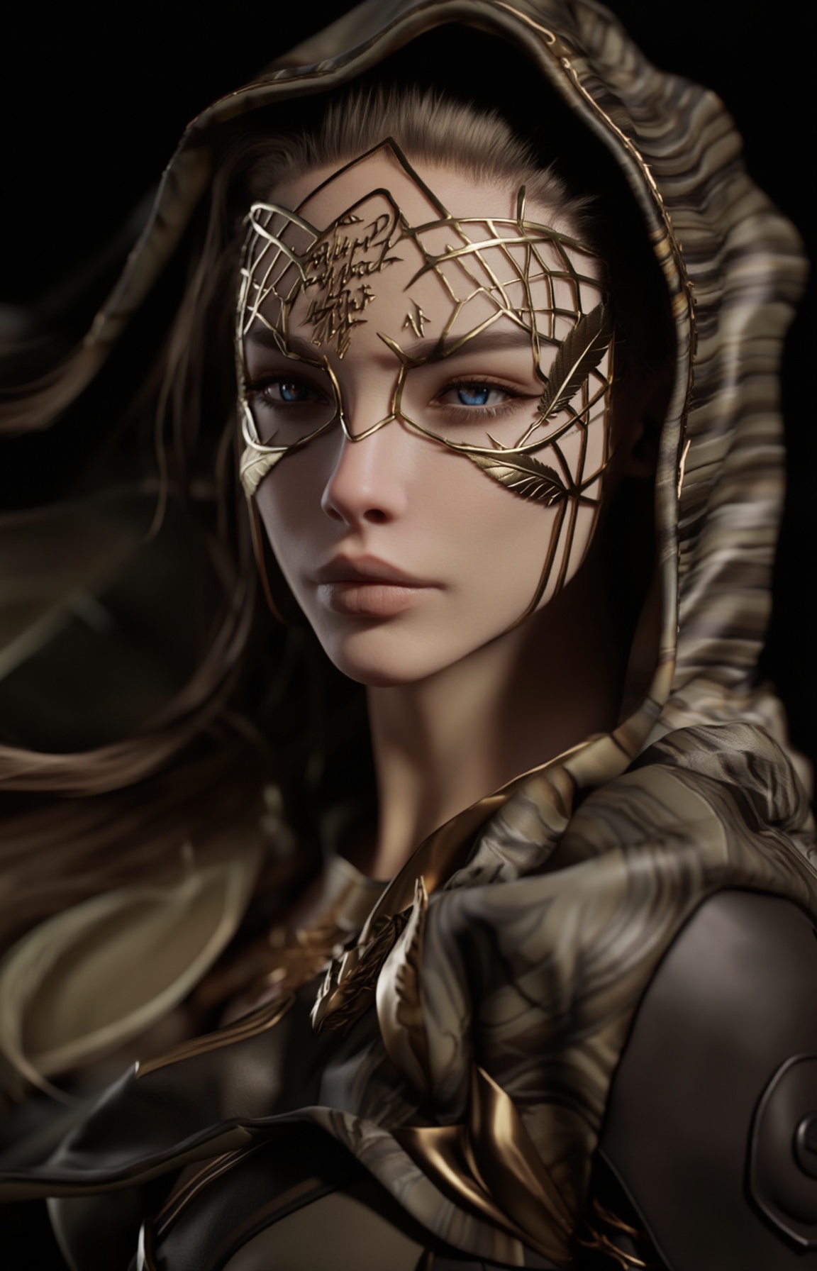 This is a highly detailed CGI rendering of a woman with a futuristic,  cyberpunk aesthetic. She has light skin,  piercing...