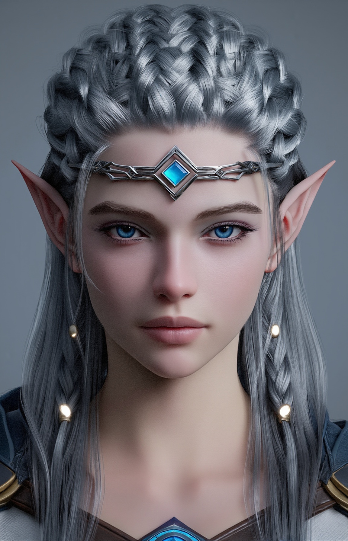 A semi-realistic digital painting of a blue-eyed elf with braided silver hair and a silver headpiece,  set against a gray...