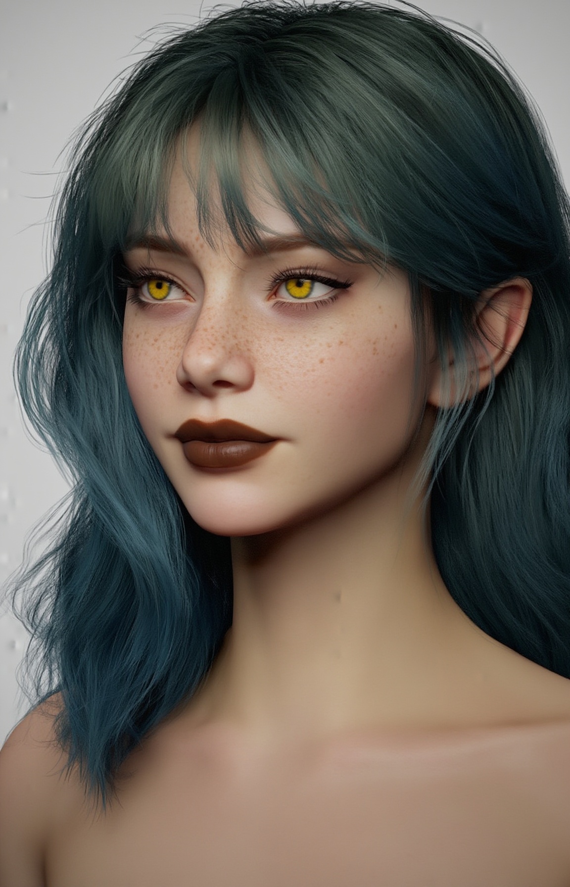 Photorealistic digital portrait of a young woman with fair skin,  freckles,  and blue-green hair. She has striking yellow...