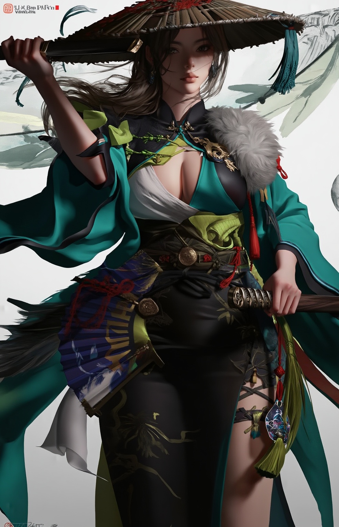 A highly detailed digital artwork features a stunning woman,  wearing a traditional Japanese outfit with green and black t...