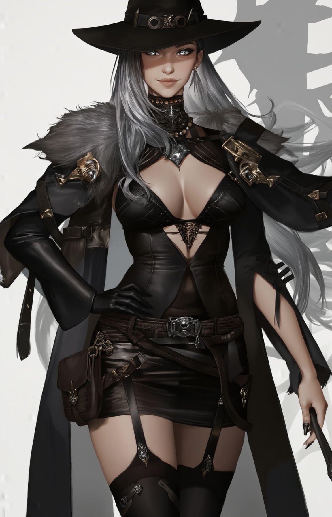 A digital illustration of a confident,  expressionless,  woman in a black hat and leather outfit on Tensor.Art