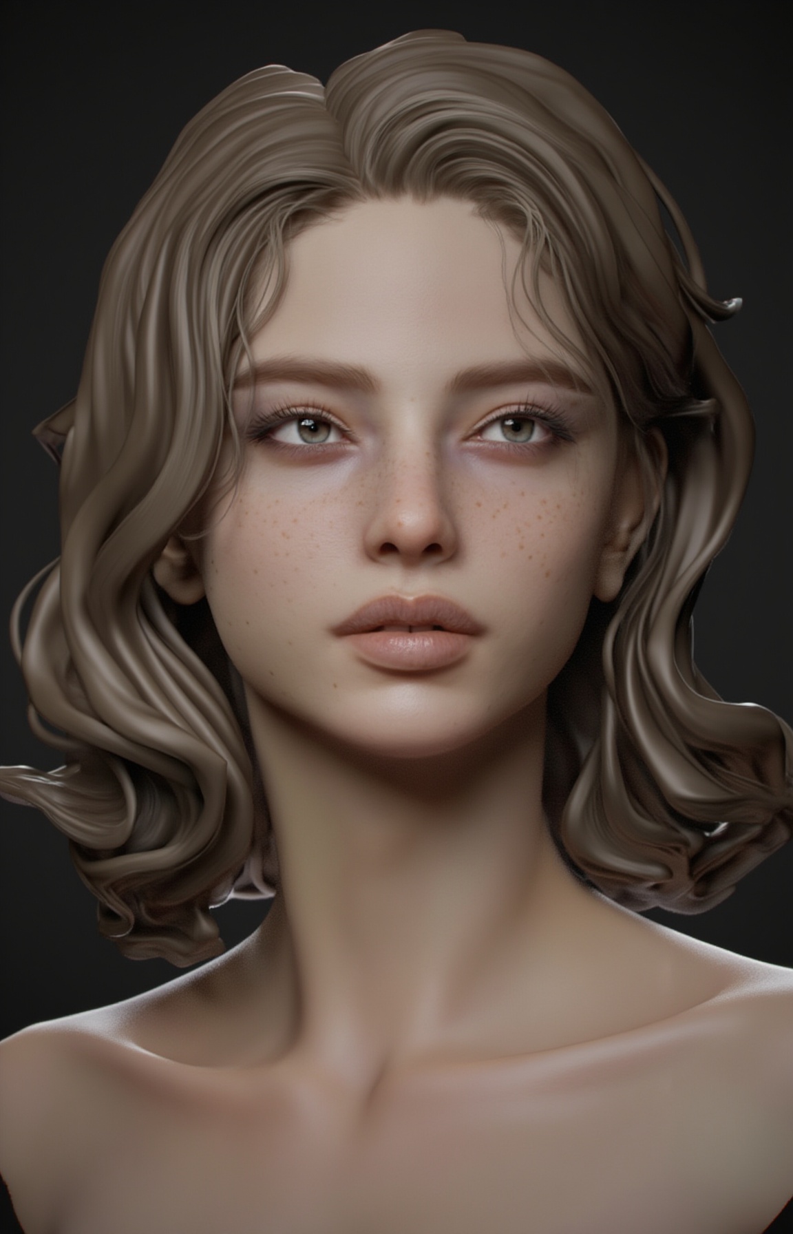 This is a hyper-realistic CGI rendering of a woman with a classical,  marble-like texture to her skin. She has wavy,  shou...