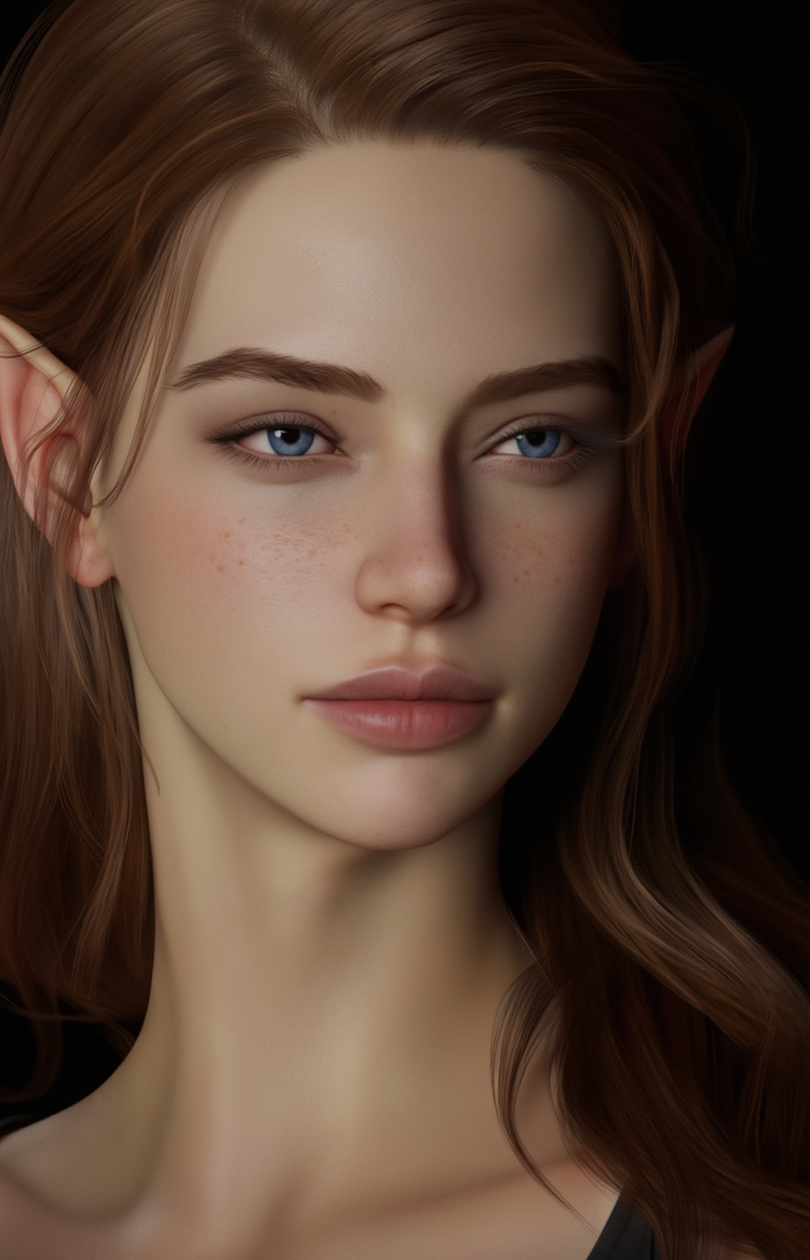 A hyper-realistic CGI image of a young woman with fair skin and striking blue eyes,  featuring delicate,  pointed ears. He...