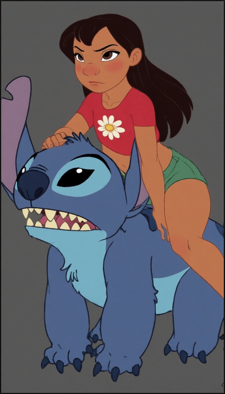 lilo polynesian girl with dark hair on top of large blur furry alien stitch. dusney animation lilo and stitch. Digital ill...