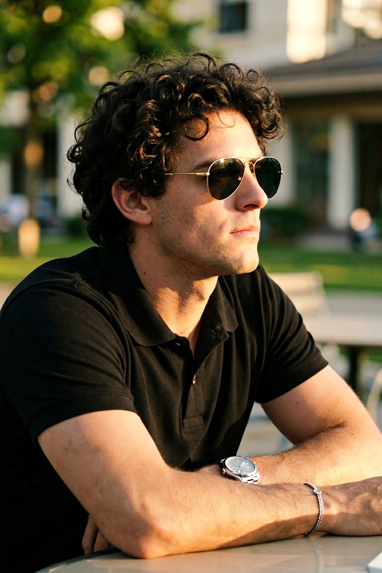 medium close-up side profile portrait,  young man early 20s with thick dark curly hair and gold-rimmed aviator sunglasses...