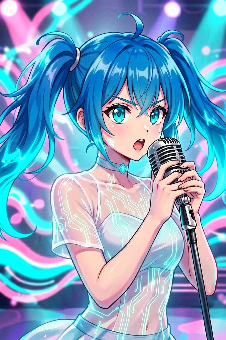 Anime style,  medium close-up portrait from chest up,  iconic anime vocaloid character with electric-blue twin-tails flowi...