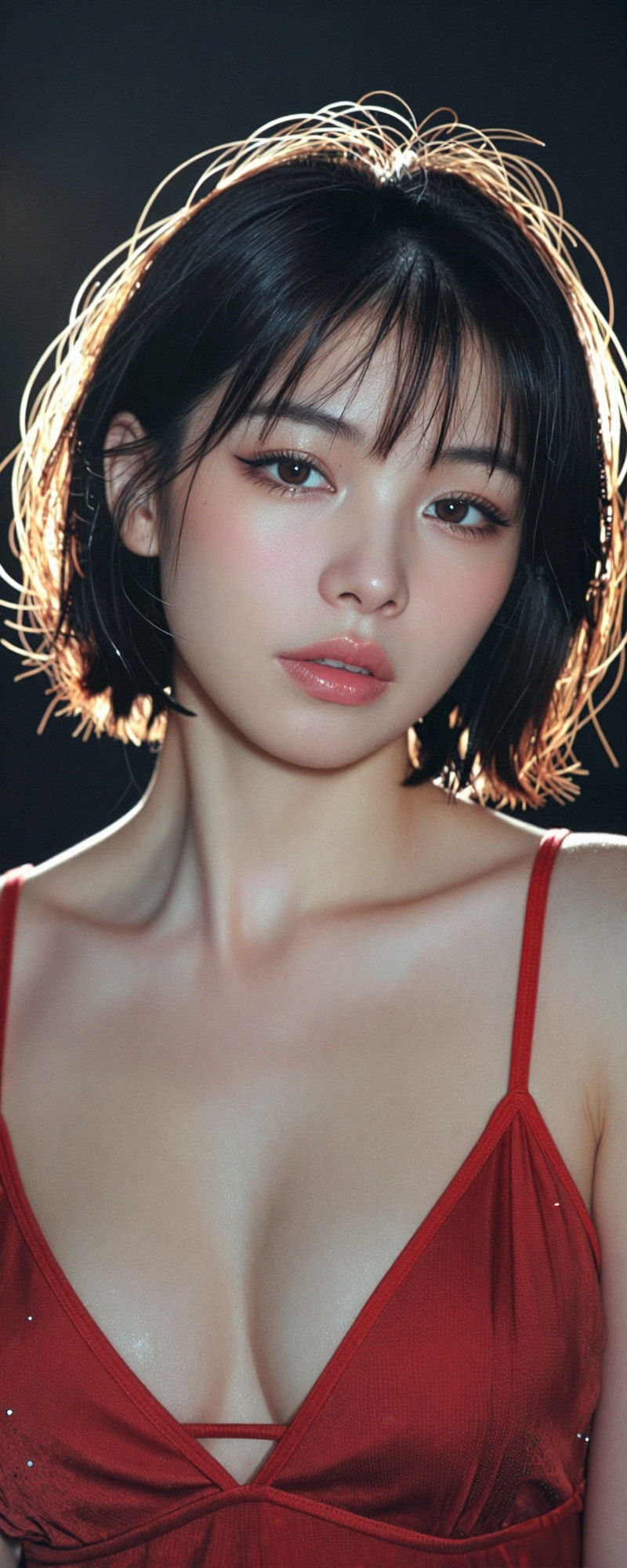 夜晚黑暗背景中一位年轻女性半身肖像,  短黑色波波头带刘海,  红色细肩带连衣裙 on Tensor.Art