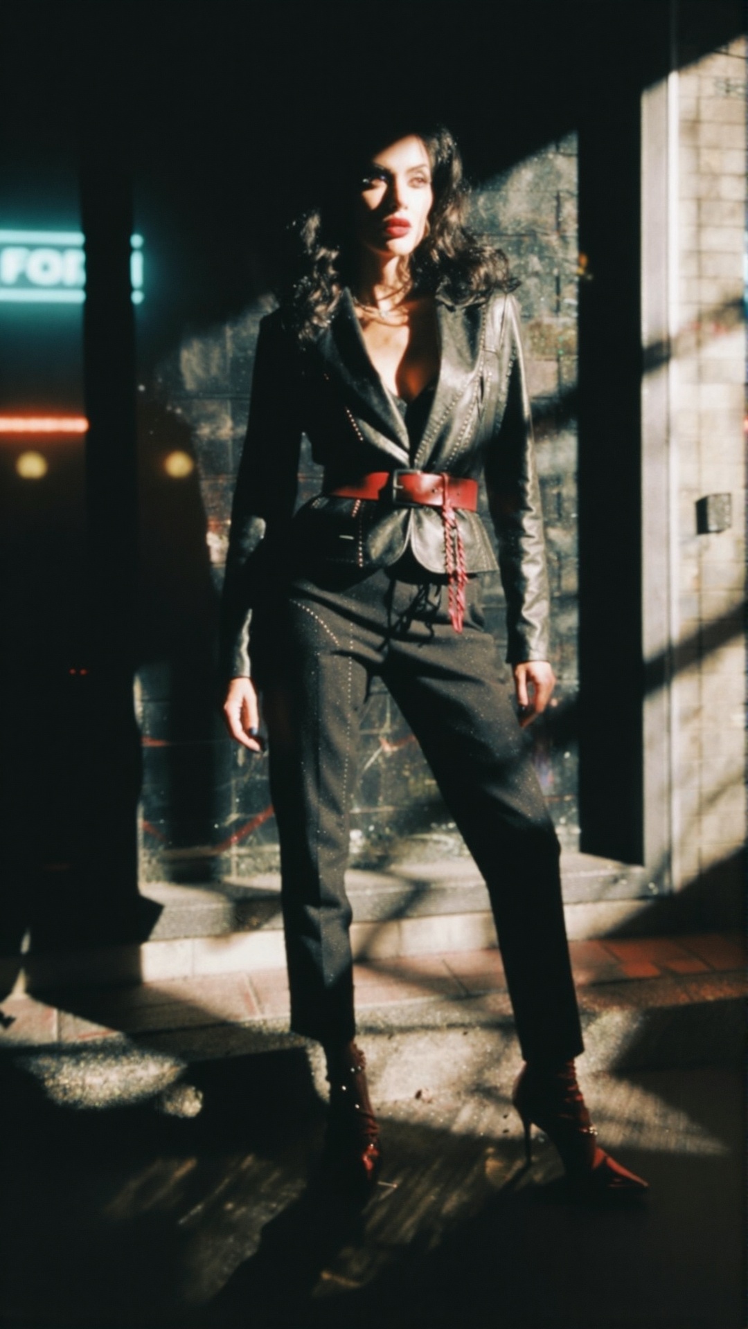 Create a photorealistic fashion photography scene featuring a femme fatale character standing confidently in a stark,  all...