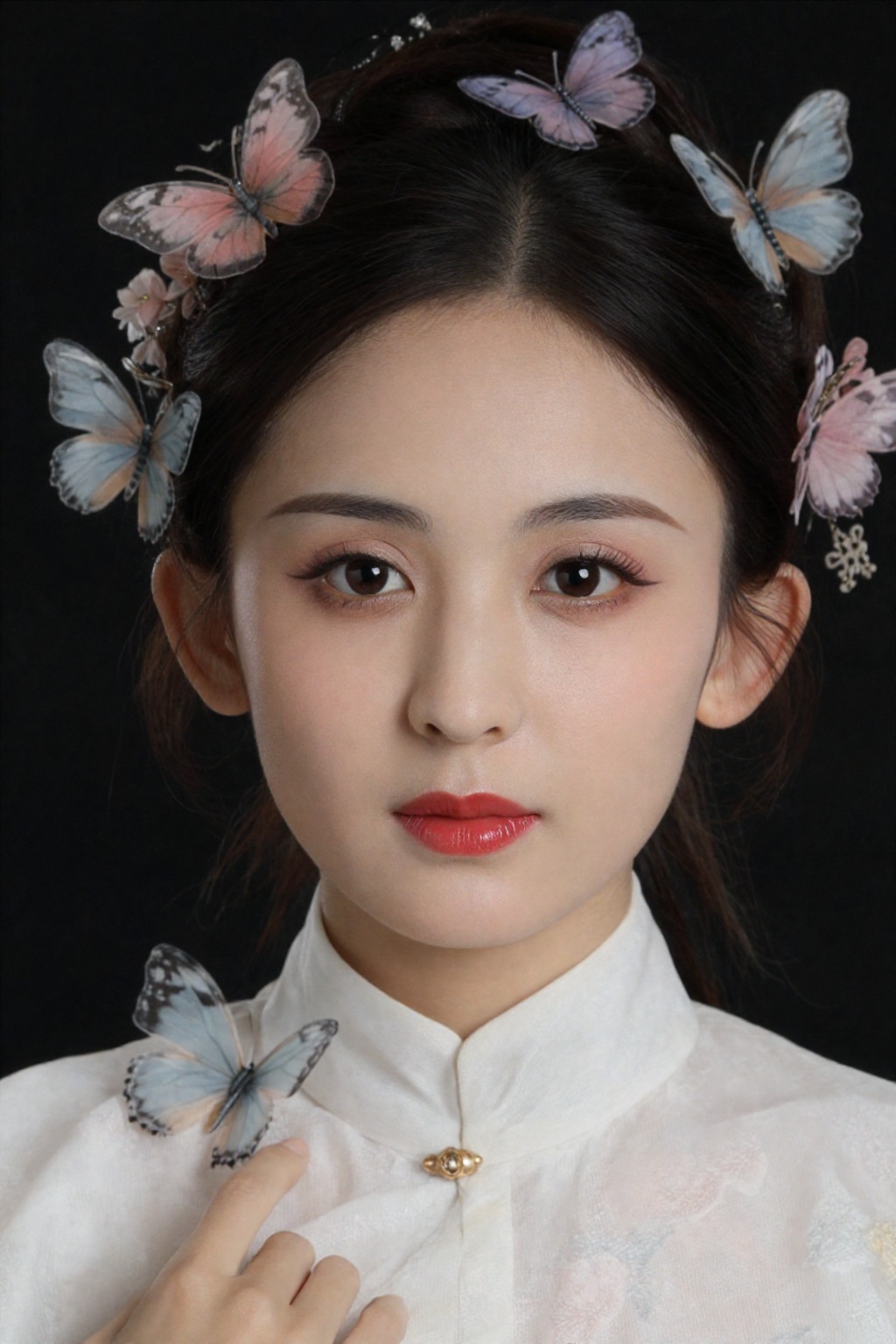 This high-resolution studio portrait features a young woman with East Asian features,  posed against a stark black backgro...