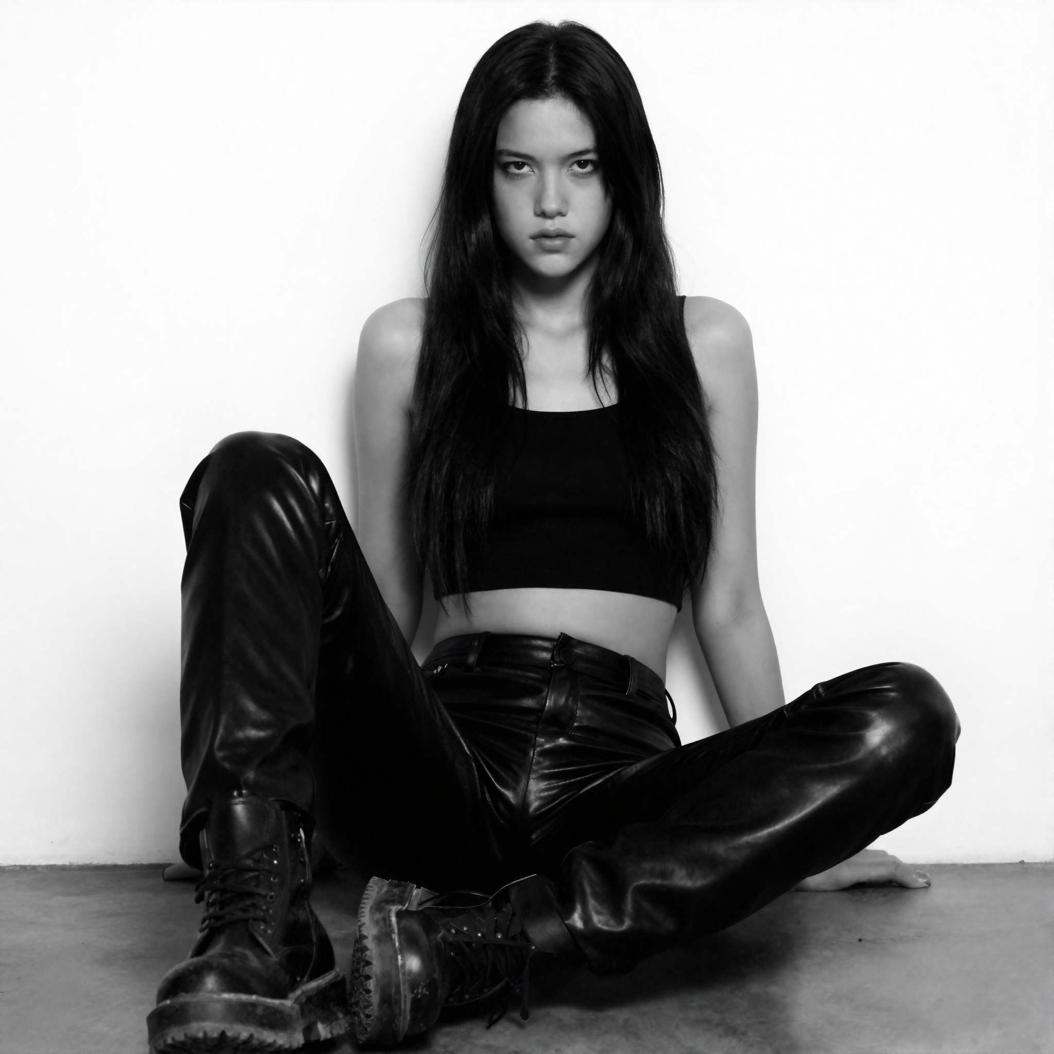 This is a high-contrast black-and-white photograph featuring a young woman with long,  straight black hair and pale skin....