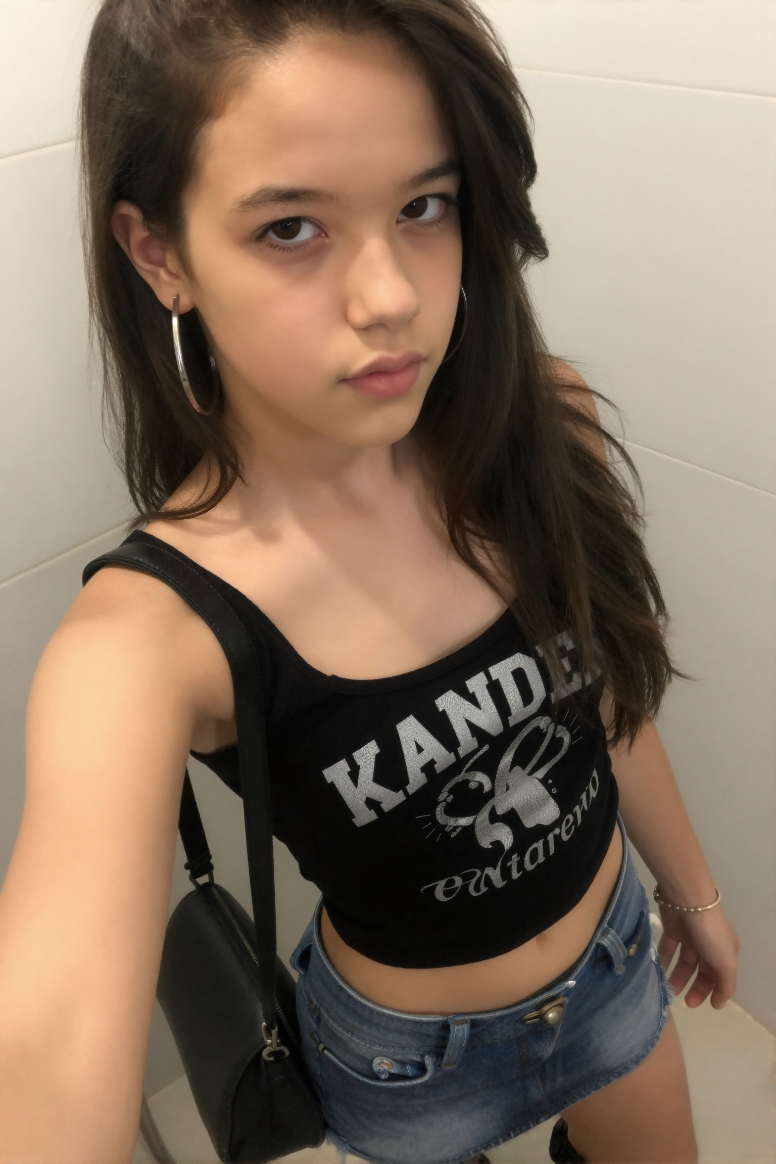 Create a candid photograph of a 16-year-old teenage girl with youthful beauty,  capturing her in a moment of taking a self...