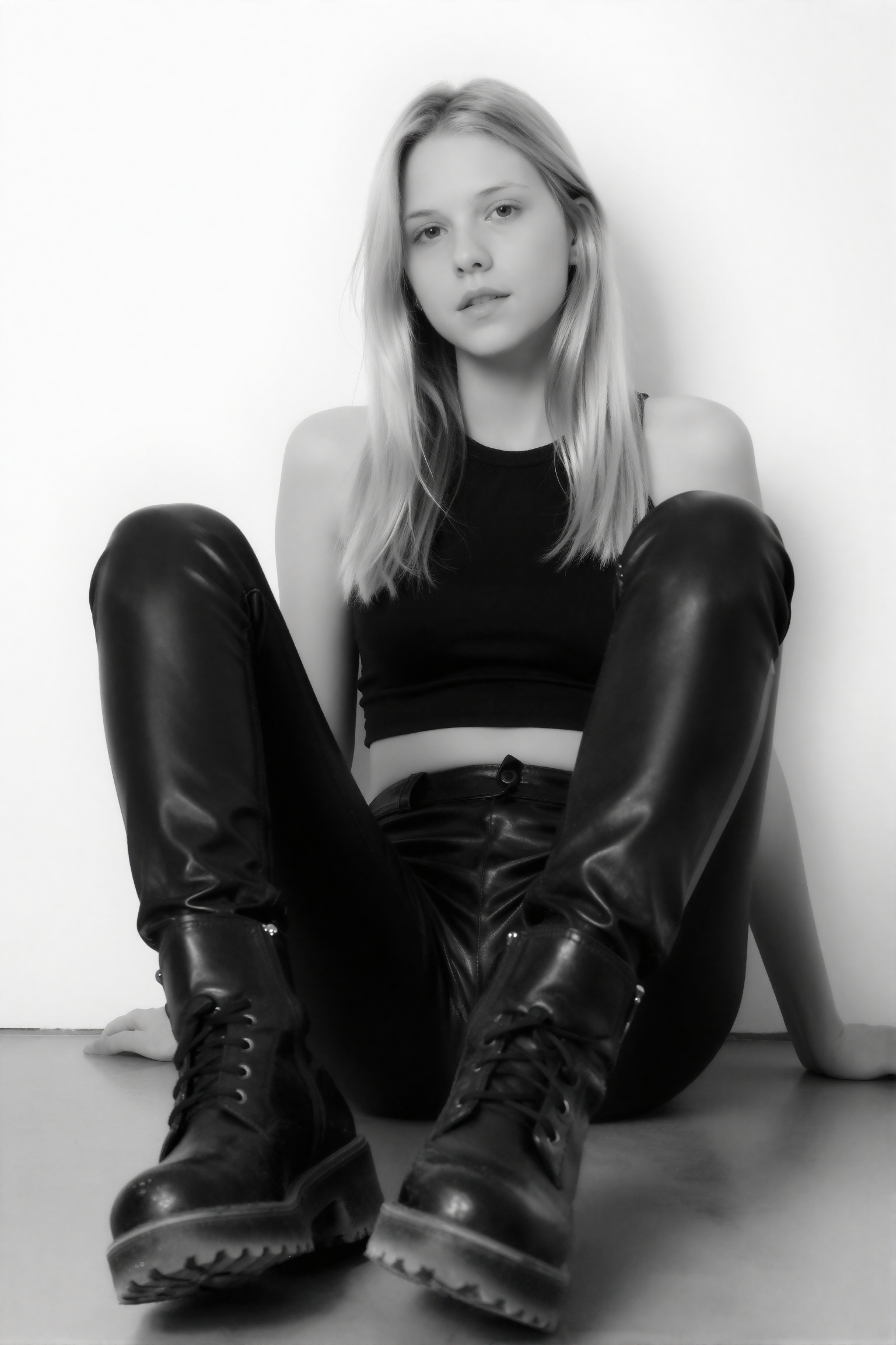 This is a high-contrast black-and-white photograph featuring a young woman with long straight blonde hair and pale skin. S...