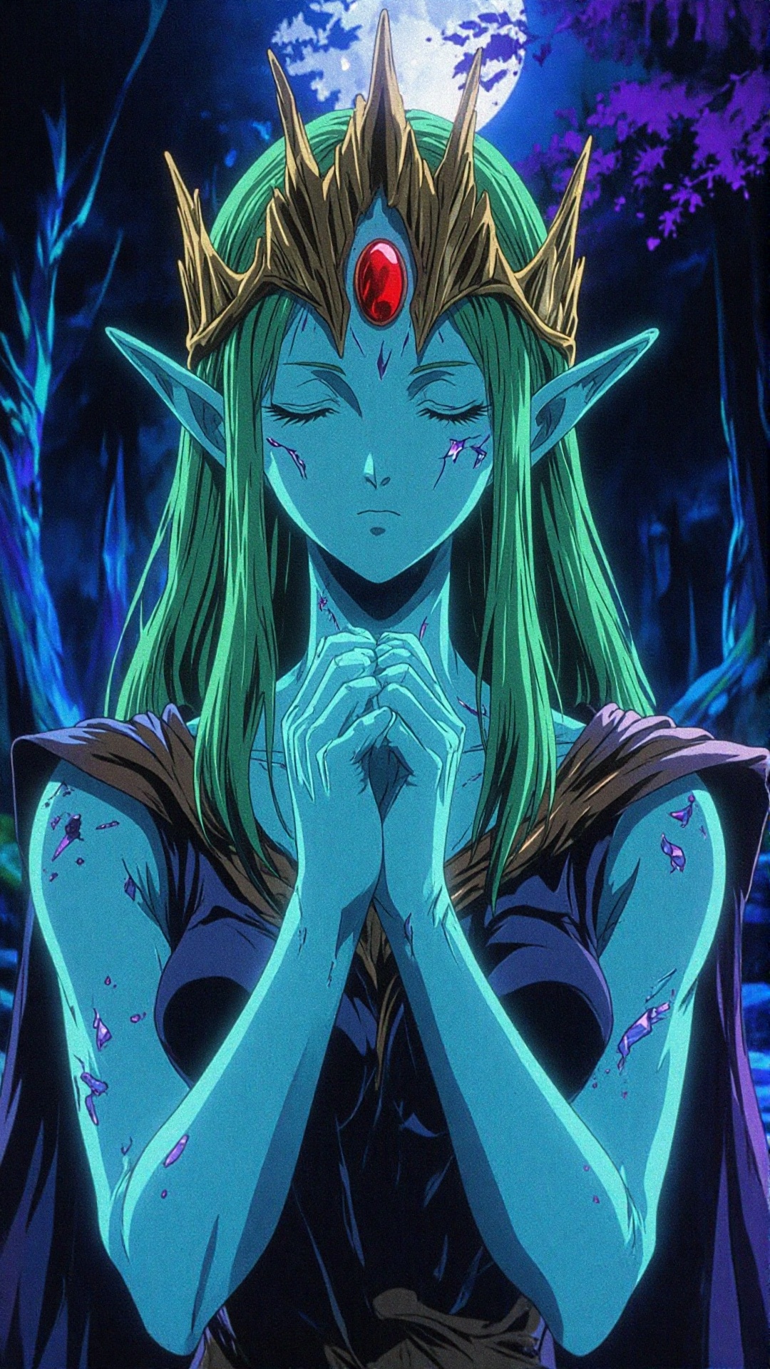 this digital artwork depicts a blue-skinned,  elf-like female character with long,  green hair on Tensor.Art
