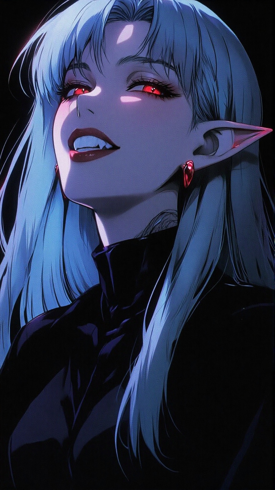 this is a digital illustration of a female elf-like character with long,  flowing,  silver-blue hair and pointed ears ador...