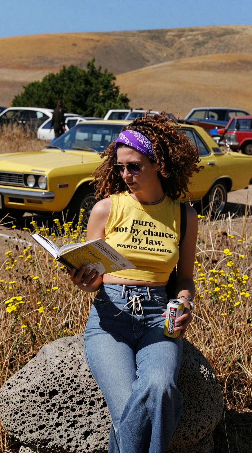 A woman with curly brown hair,  wearing a purple bandana,  aviator sunglasses on Tensor.Art