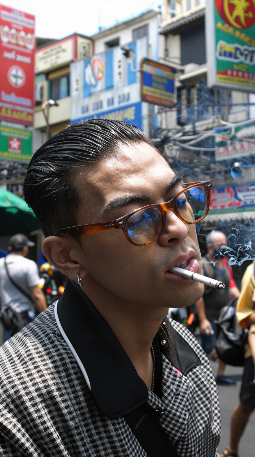A young east asian man with slicked-back dark hair and a silver ear cuff smokes a cigarette,  eyes closed,  wearing amber-...