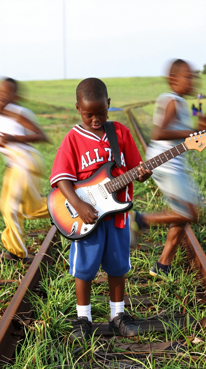A young Black boy stands centered on a grassy field beside a rusty railroad track,  gripping a sunburst-finish electric gu...