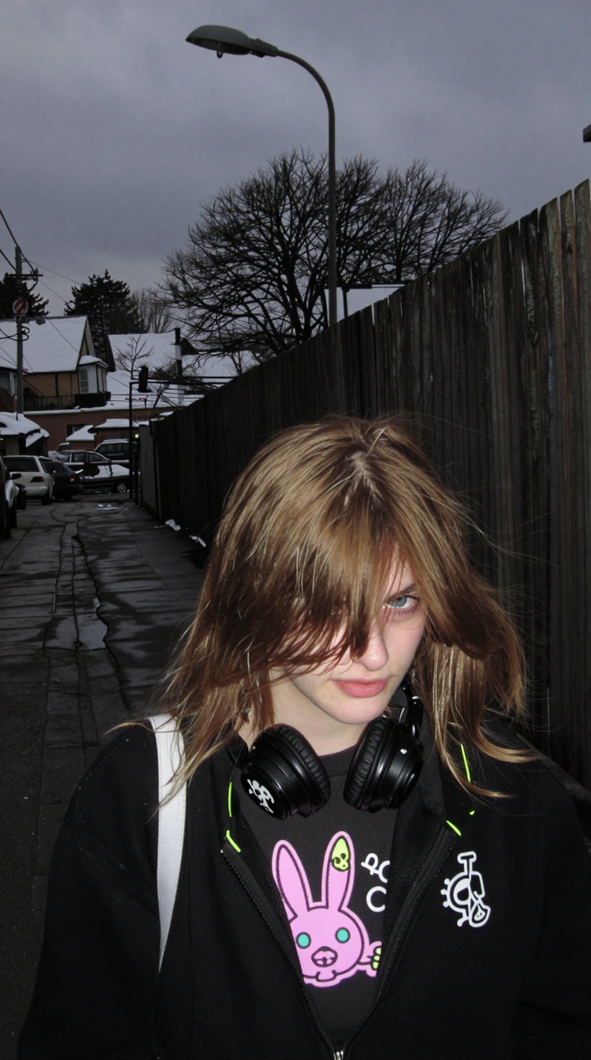 A young person with shoulder-length light brown hair and bangs partially obscuring their eyes stands in a residential alle...