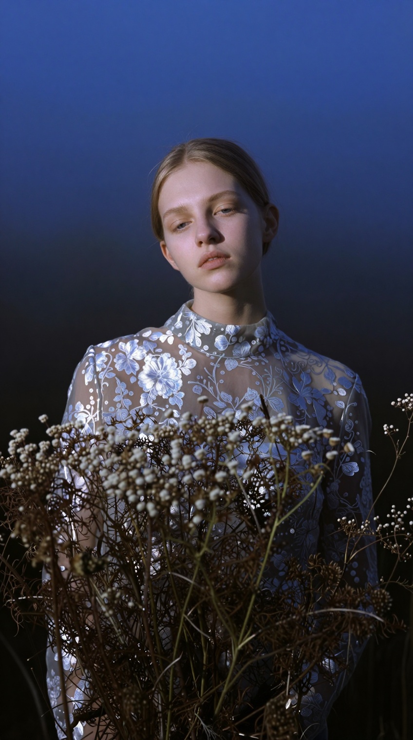 A young woman with fair skin and light brown hair stands centered among tall,  dry wildflowers with feathery white blooms,...