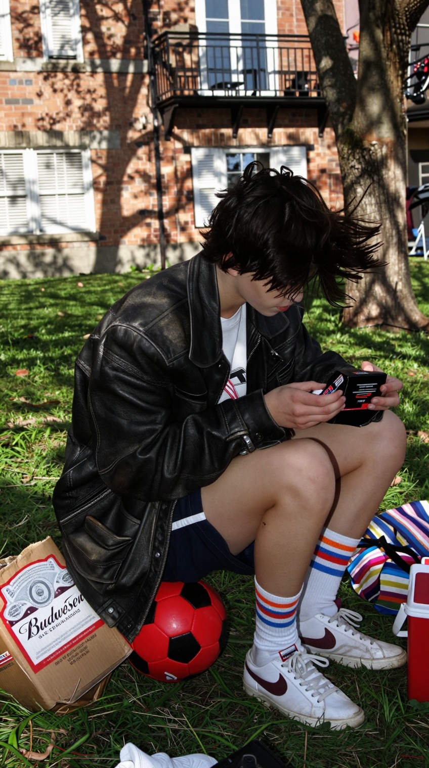 A young person with tousled dark hair crouches on sunlit grass,  focused on a small black box held in both hands. They wea...