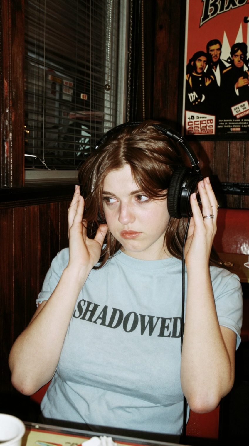 Prompt: A young woman with light skin and medium-length brown hair sits in a dimly lit diner wearing a light blue "shadowe...