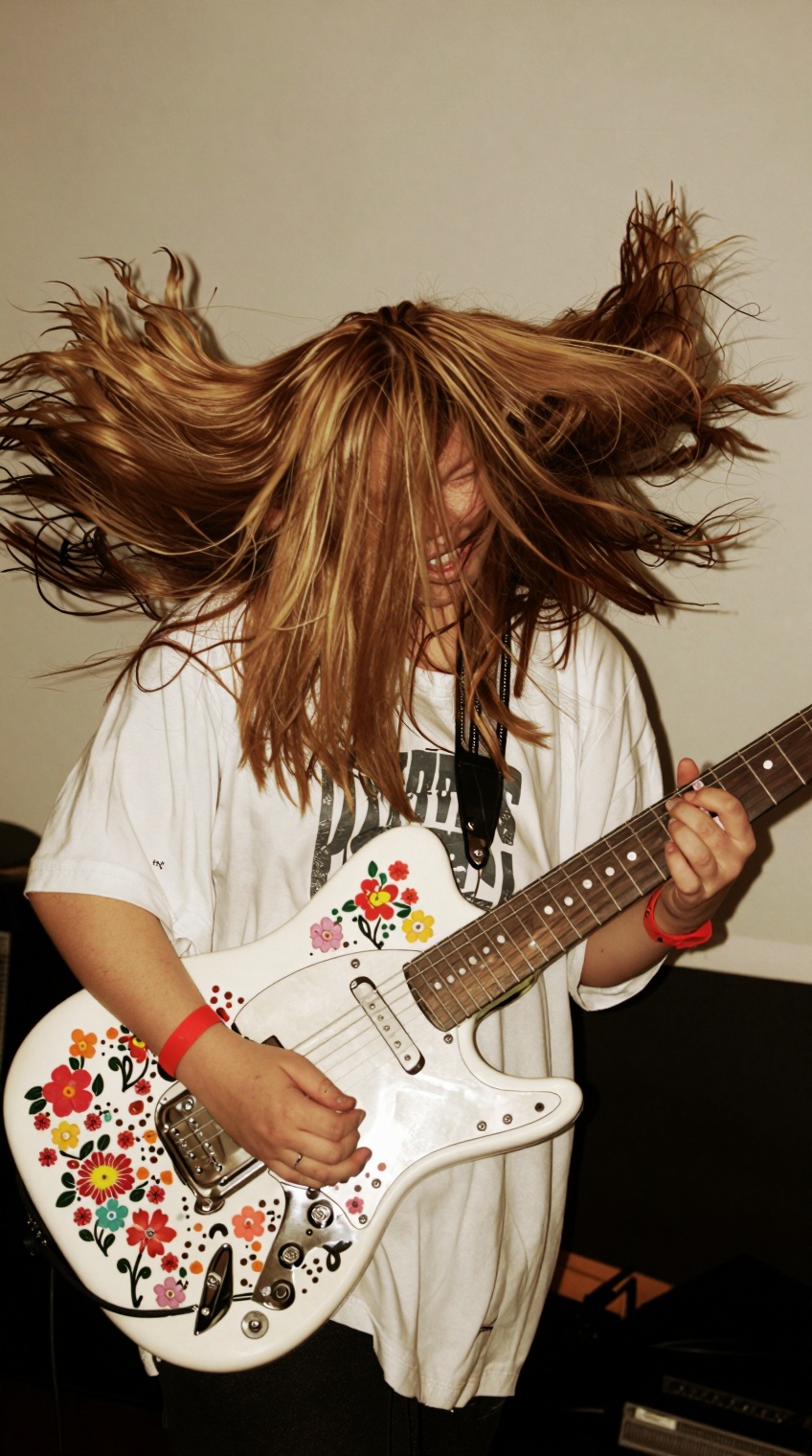 A young person with long,  wind-swept blonde hair—partially obscuring their face as they tilt their head back—plays a whit...