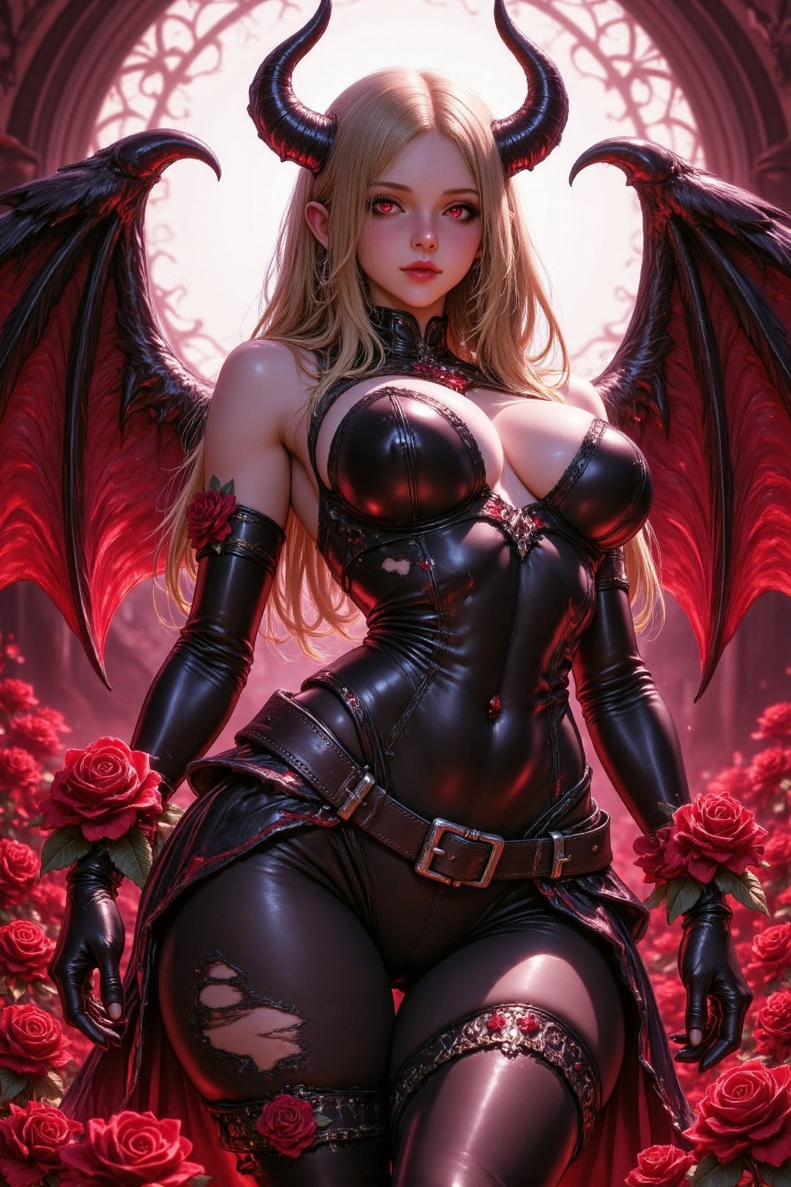 An anime-style,  ultra detailed 4k image,  full body image of female demon succubus stands in a field of glowing red flowe...