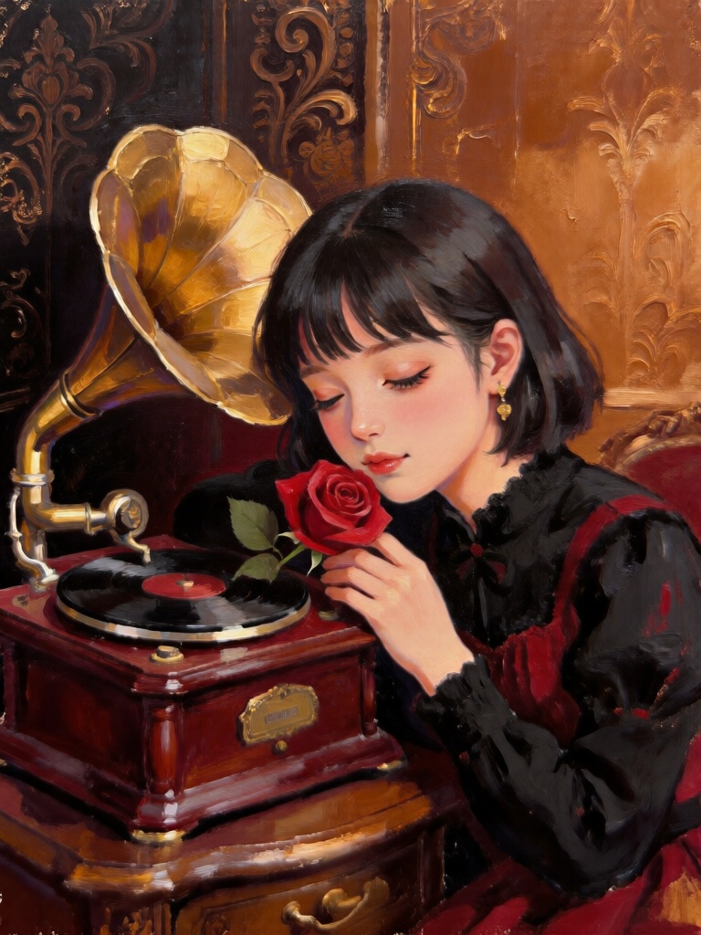 HTBX,  复古厚涂丙烯肖像,  齐刘海少女靠在老式留声机上 by YX8954 on Tensor.Art