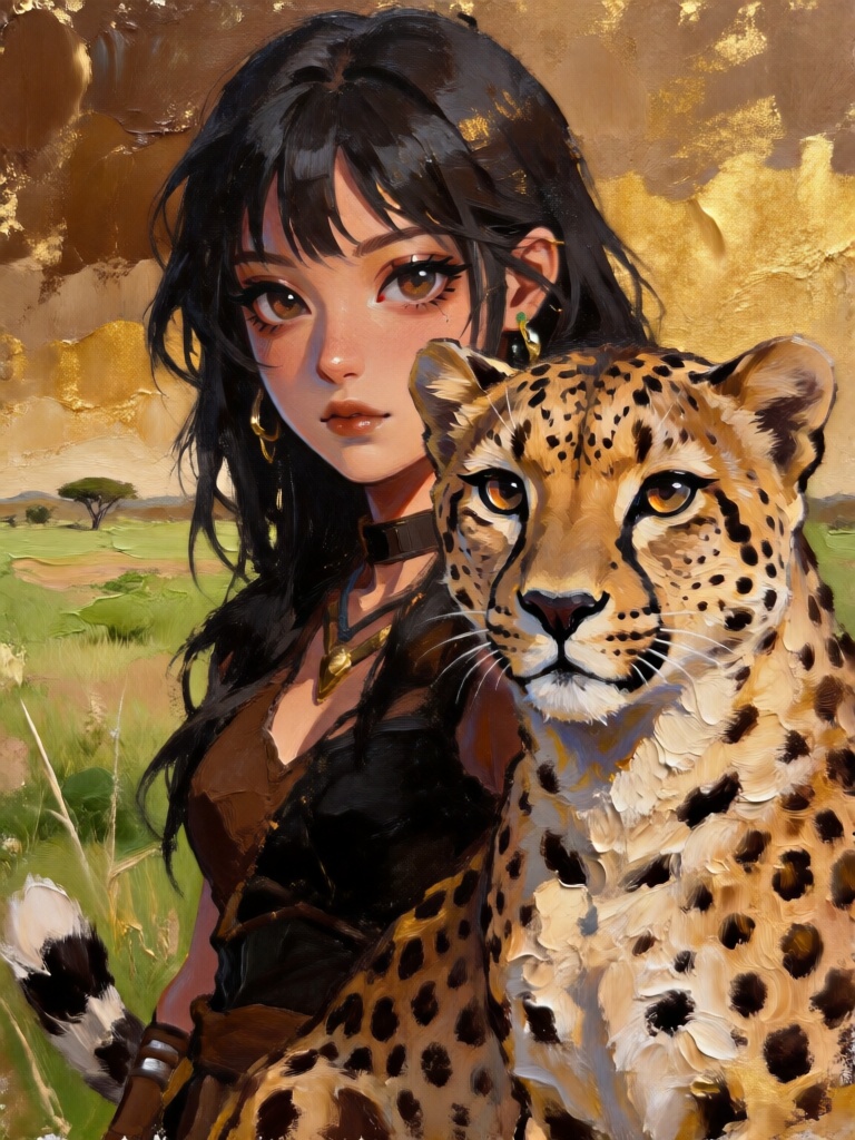 HTBX,  野性厚涂丙烯特写,  野性女孩与猎豹并肩凝视前方 by YX8954 on Tensor.Art
