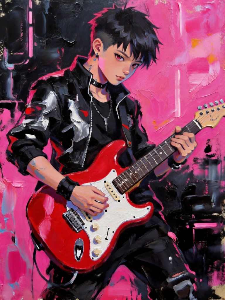 HTBX,  摇滚风厚涂丙烯画作,  短发少年怀抱电吉他躬身弹奏 by YX8954 on Tensor.Art