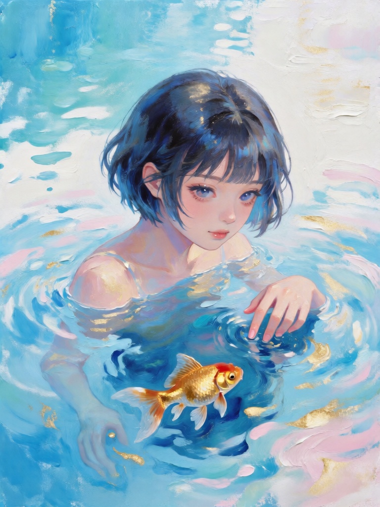 HTBX,  丙烯厚涂奇幻构图,  短发女孩悬浮在澄澈水面上 by YX8954 on Tensor.Art