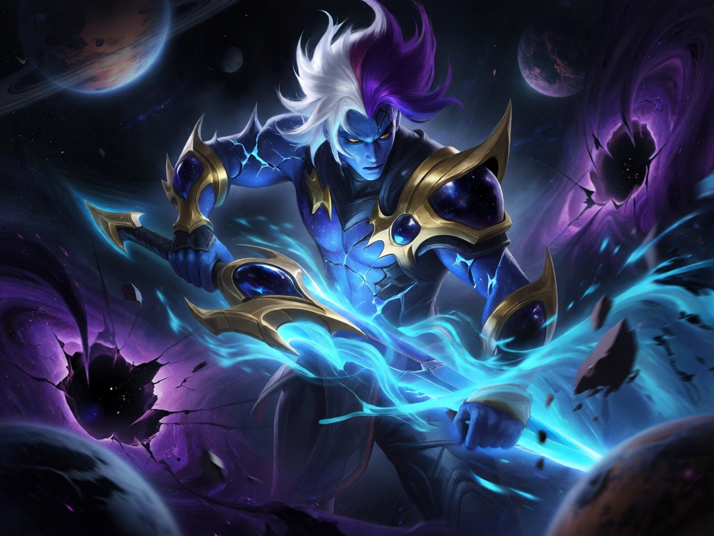 LMMX,  interdimensional cosmic warrior,  Riven with split-color hair (white and deep purple) by YX8954 on Tensor.Art